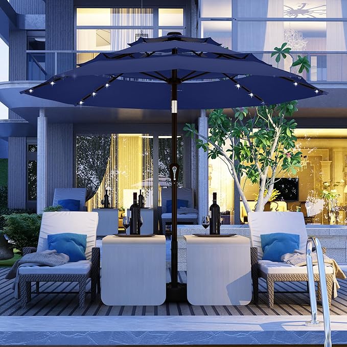 Kingdura 9ft 3-Tier Patio Umbrella with Solar Lights, Table Umbrella Outdoor Patio with Easy Crank & Tilt, 8 Sturdy Ribs, UV Protection, 32 LED Lights for Deck, Poolside, Market (Navy blue)