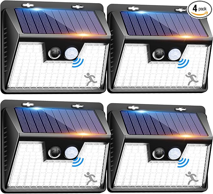 Peasur Solar Lights Outdoor Waterproof, 4 Pack 140LED Motion Sensor Light, 3 Modes Solar Powered Fence Security Lights for Patio Step Deck House Outside(Cool White)