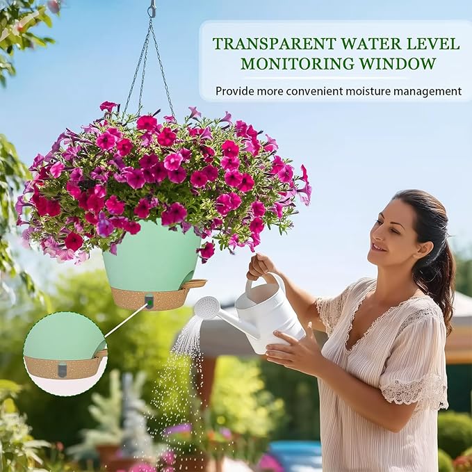 Hanging Planter for Indoor Plants 8 Inch, 2 Pack Self Watering Hanging Baskets for Plants, Hanging Flower Pots with Drainage Hole & 2 Kinds of Plant Hangers for Garden Home Decor (Green, 8 inch)