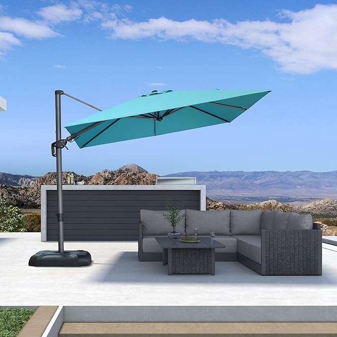 PURPLE LEAF 8.8' X 8.8' Right-left Tilt Patio Umbrella with Base Outdoor Cantilever Swivel Square Umbrella with Tilt Aluminum Offset Umbrella with 360-degree Rotation for Garden Deck Pool Patio Turquoise Blue