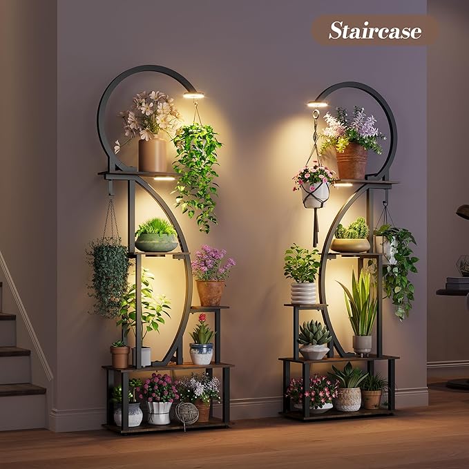 Indoor Plant Stand with Grow Lights, Half-Heart Shape Metal Shelf with Multiple Wood Boards and Hooks for Hanging & Potted Plants, Tall LED Display Rack for Living Room, Balcony Décor