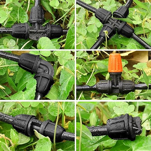 Upgraded 1/4" Drip Irrigation Fittings：60 Pieces Set-15 Couplings 15 Tees 5 Crosses 10 Elbows 10 End Plugs 5 Micro Dripper, Leak Free Barbed Locked Connectors for 1/4 Inch Irrigation Tubing