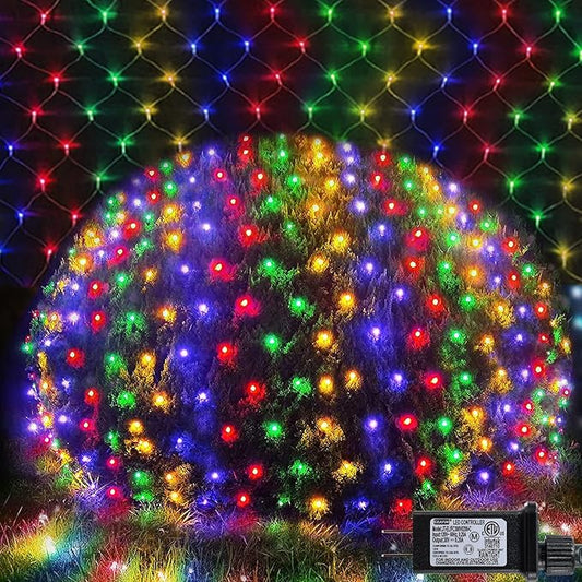 Colorful Christmas Net Lights Outdoor Mesh Lights, 14.8ft x 5ft 300 LED Multicolor Net String Lights 8 Modes Connectable Fairy Mesh Twinkling Christmas Lights for Bushes Tree Party Yard Garden Decor