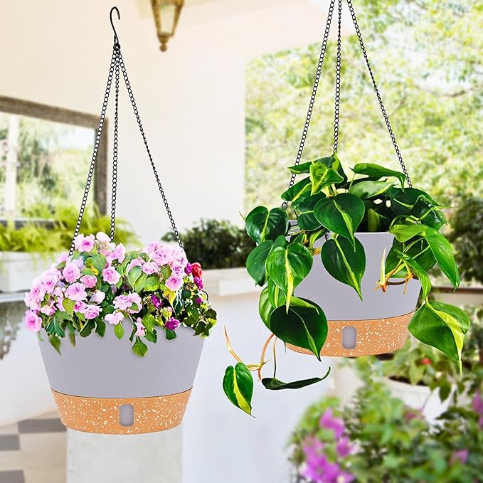 QCQHDU 2 Pack Hanging Planters for Indoor Outdoor Plants, 10 Inch Hanging Baskets Flower Pots with Reservoir Tray & Visible Water-Level