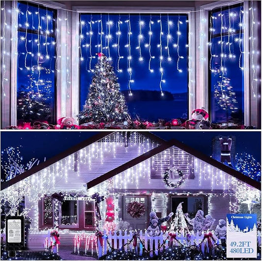 480 LED 49FT Christmas Lights Plug in 8 Modes with Timer Dimmable Christmas Decorations Outdoor Waterproof Indoor Curtain String Lights for Roof Porch Garden Holiday Wedding Party Decor Cool White