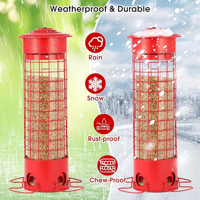 Squirrel Proof Bird Feeder for Outdoors, Weatherproof Metal Feeder, 4.5 lb Large Capacity, Weight-Activated Perches, Hanging Feeder for Cardinals, Finches, Wild Birds, Red