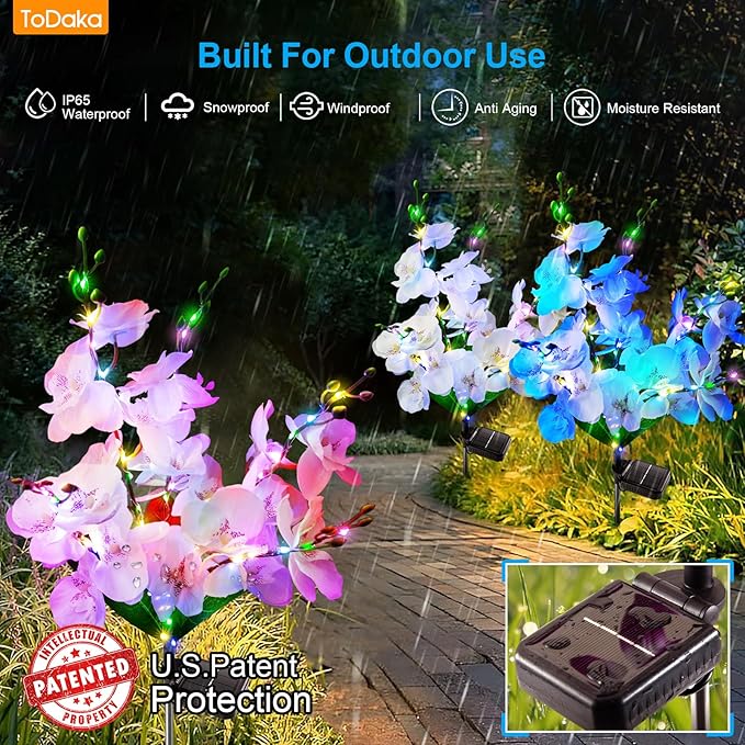 Solar Garden Lights Outdoor Decor, 3 Pack Newest Version Phalaenopsis Orchid Flower Solar Lights for Outside, 240 LED Colorful Waterproof Solar Lights Outdoor for Yard Patio Decor, Gift for Mom