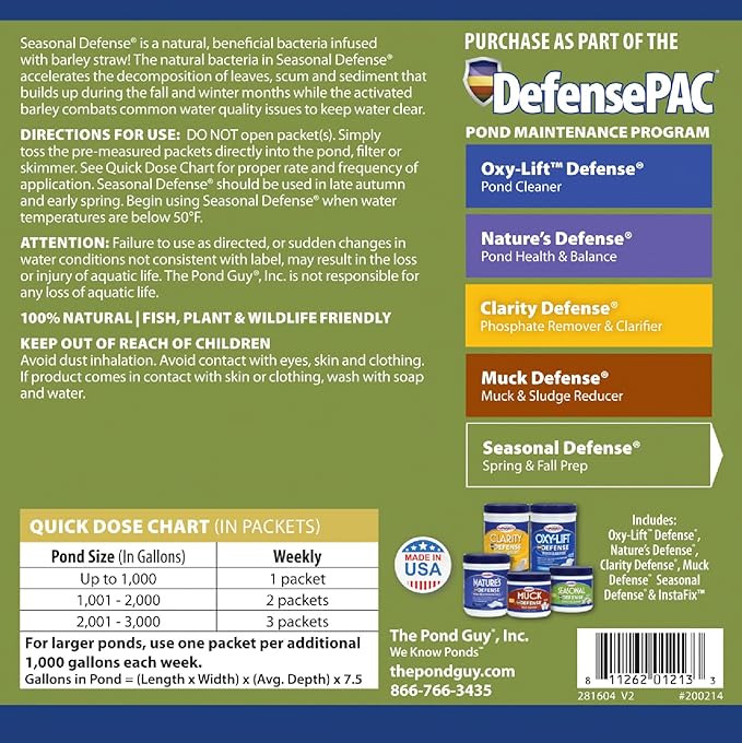 The Pond Guy Seasonal Defense, Spring & Fall Beneficial Bacteria, Barley & Enzymes, Cold Water Pond Sludge & Scum Treatment, Fish & Plant Safe, 6 Packets