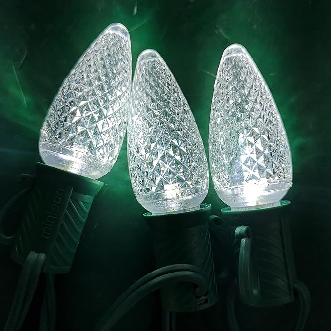 Set of 25 C9 White Faceted Cover Led Replacement Light Bulbs, Dimmable High Brightness E17 Christmas Decorative String Lights for Outdoor Holiday Decoration (White)