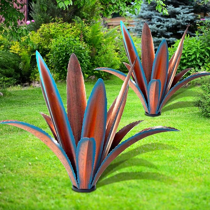 Enlarge thickened Wind Resistant Metal Agave Garden Art Metal Plant Country Garden Sculpture Statue Outdoor decoration Agave Metal Plant Courtyard Garden Lawn Ornament Gift (2, 12 Leaves blue)