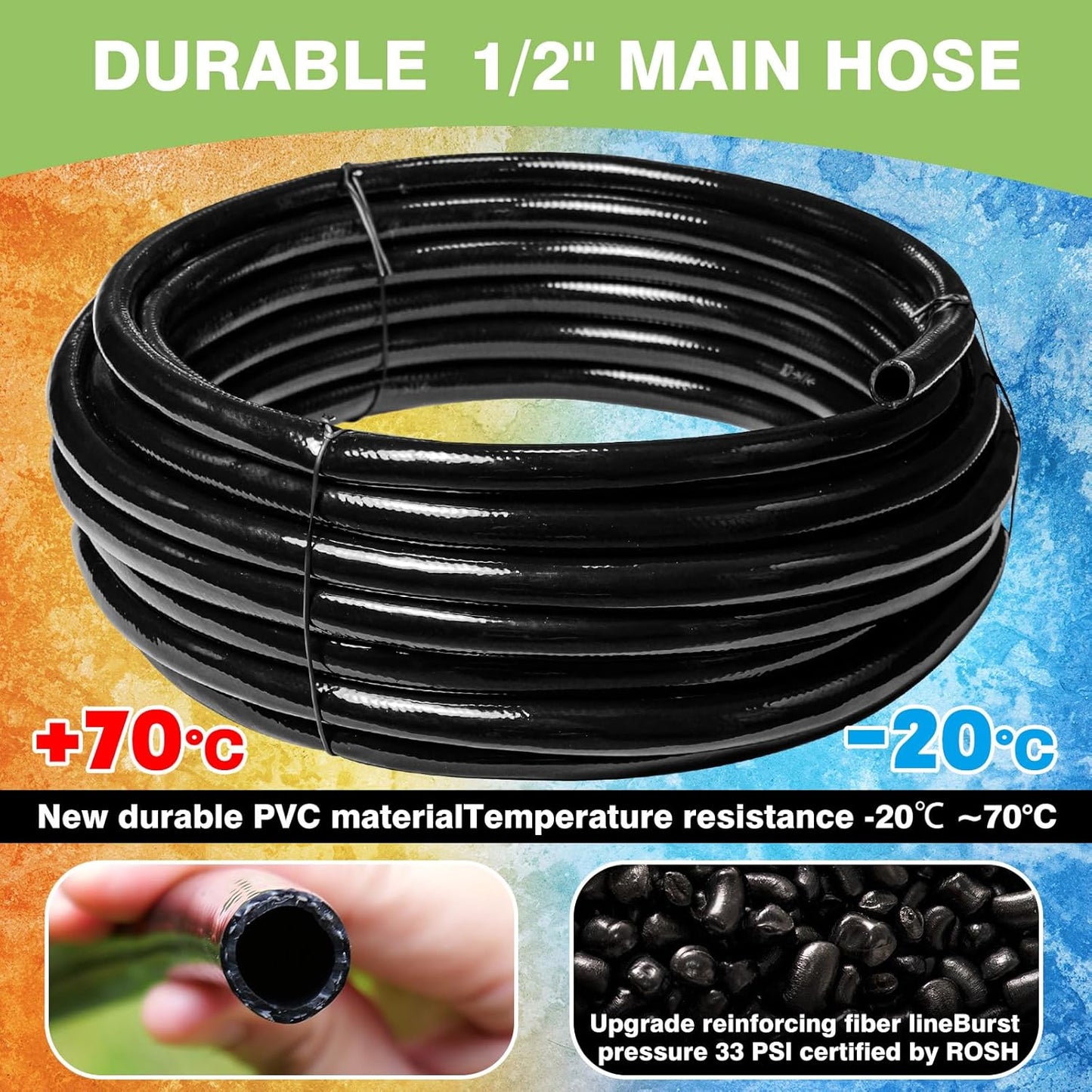 40 FT 1/2 inch Drip Irrigation Irrigation kit Main Line Supply Hose Tube for Garden Irrigation System (Includes 1/2"" Straight Connector, 3-Way Connector, Switch Valve), Black