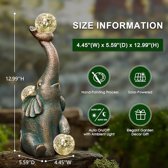 MININOVA Garden Decor Outdoor Statues Elephant with Cracked Glass Balls, Cute Solar Figurine for Patio, Lawn, Yard Art Ornament Decorations (15 LED Lights)