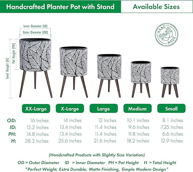 D'vine Dev 14 Inch Planter Pot with Stand, Mid-Century Tall Plant Pot with Legs for Indoor Plants, X-Large, White/Grey, 88-L-D-7