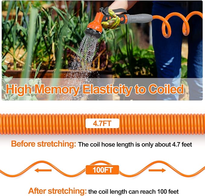 3/8” Lightweight Coil Garden Hose 100 FT, EVA Retractable Curly Water Pipe with 6-Pattern Spray Nozzle for Boat, Greenhouse, Yard, Patio (Orange)