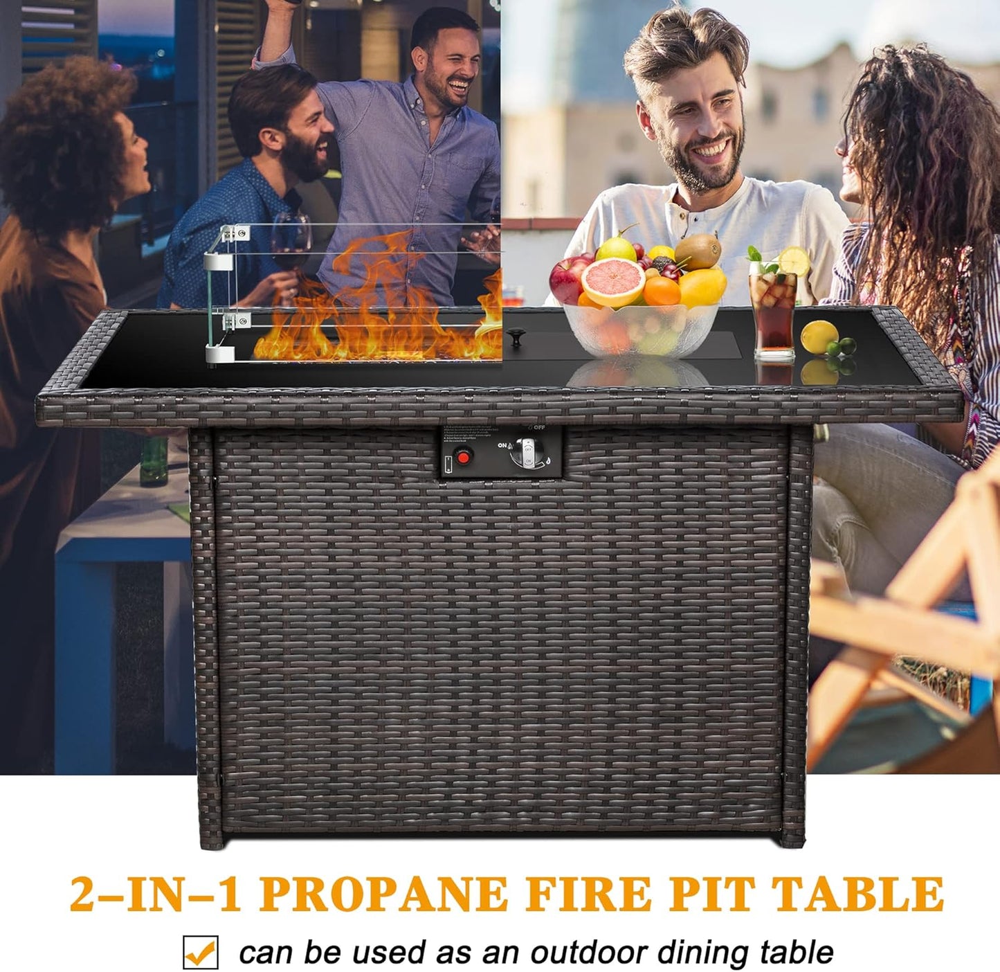 LayinSun 44" Propane Gas Fire Pit Table, 55000 BTU Rectangular Fire Pit with Glass Wind Guard for Outside Patio Deck Garden Backyard
