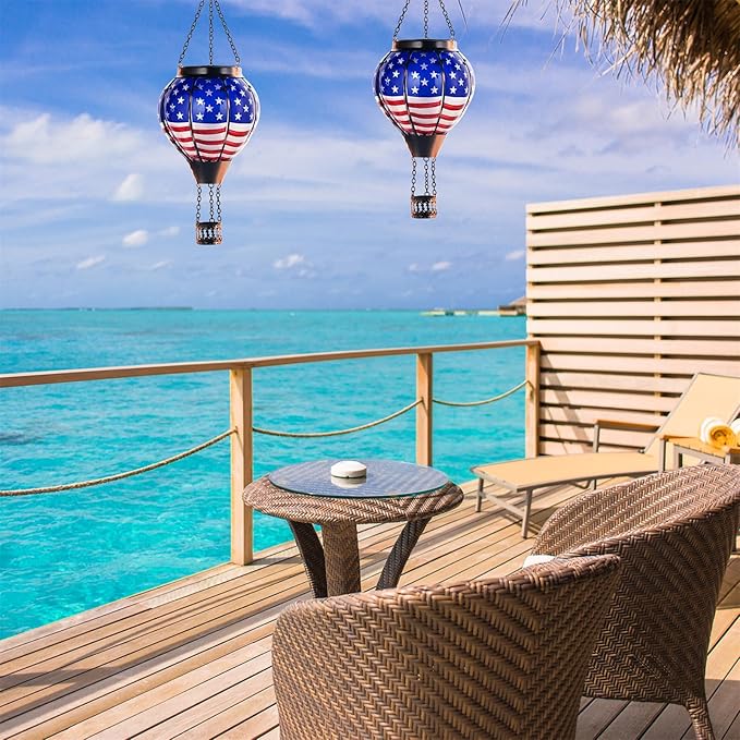 18inch Hot Air Balloon Solar Lantern with Flickering Flame Hanging Solar Outdoor Lantern Lights Waterproof Lanterns for Garden Patio Yard Party Decoration Star Flag