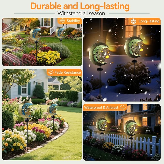 Solar Angel Moon Garden Stake Light – Outdoor Metal Yard Decoration with Crystal Pendant, Waterproof LED Light for Patio, Pathway, Lawn – Rustic Gold & Blue