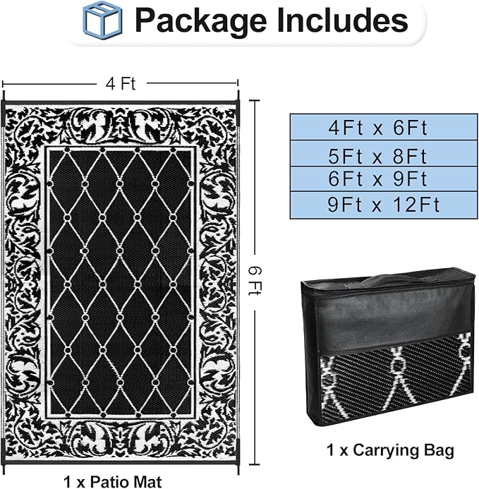 OutdoorLines Indoor Outdoor Rugs for Patio 4x6 ft - Reversible Outside Carpet, Stain & UV Resistant Portable RV Mats, Plastic Straw Rug for Camping, Pool Deck, Porch Rhombus Black & White