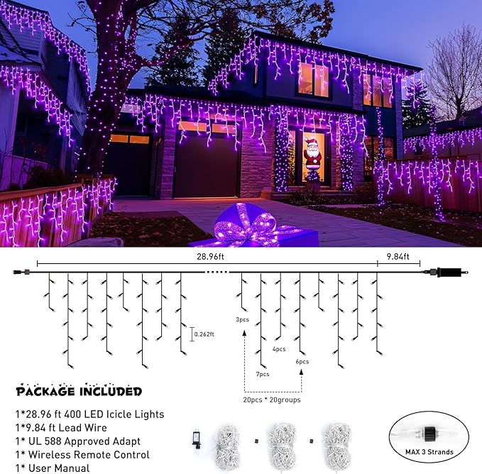 JMEXSUSS Purple Christmas Icicle Lights, 38.8 FT 400 LED Purple Icicle Lights Outdoor Waterproof, 8 Modes Purple Christmas Lights with 80 Drops Plug in for House Christmas Party Decorations