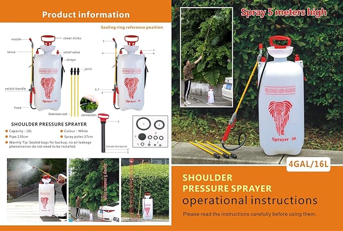 CLICIC 4 Gallon (16L) Lawn and Garden Portable Sprayer Pump Pressure Sprayer with Four Spray Poles Totaling 52 inches in Length