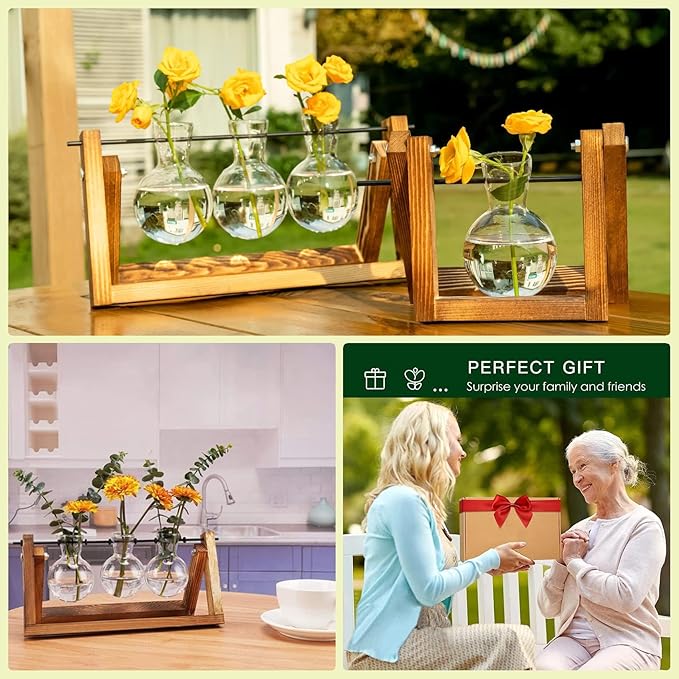 Kingbuy Plant Terrarium Propagation Station - 3 Glass Bulb Vases with Retro Wooden Stand Boho Desktop Planter for Hydroponics Home Garden Indoor Home Office Decor Unique Gifts for Women & Plant Lovers