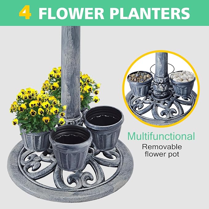 Bird Bath for Outside with 4 Removable Flower Planters 28in Polyresin Lightweight Vintage Birdbath for Outdoors Stake Standing Bowl and Water Feeder Yard Garden Decor Gray