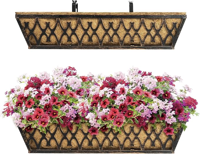 Window Boxes Planters: 2 Pack 24 Inch Railing Planter Box with Adjustable Brackets for Porch Fence Patio Balcony Hanging Flower Baskets with Coco Liners for Outdoor Garden Decor - Bronze