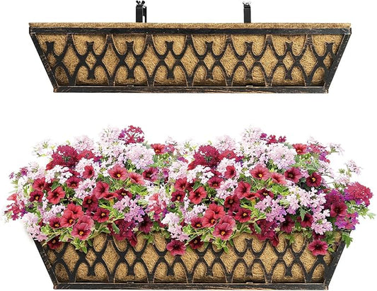 Window Boxes Planters: 2 Pack 24 Inch Railing Planter Box with Adjustable Brackets for Porch Fence Patio Balcony Hanging Flower Baskets with Coco Liners for Outdoor Garden Decor - Bronze