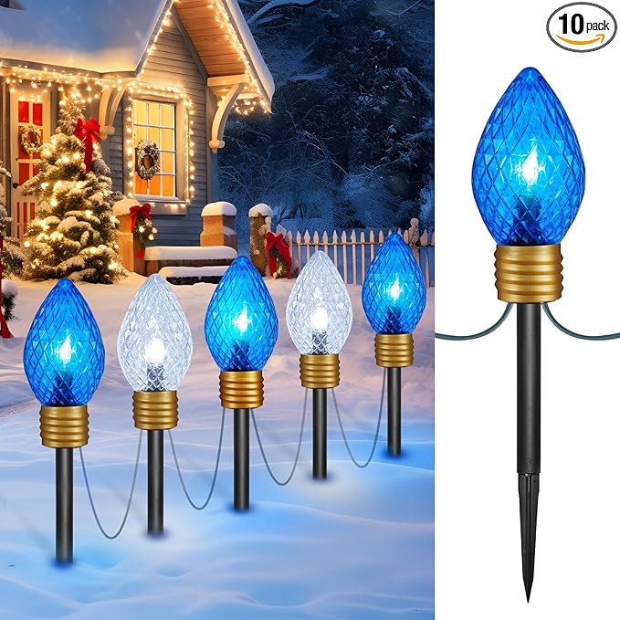 Strawberry Jumbo C9 Christmas Pathway Lights Outdoor -8.5 Feet 5 LED Jumbo C9 Walkway Lights, Multicolor Bulb Christmas Lights Outdoor Decorations for Yard Holiday, Blue & Pure White