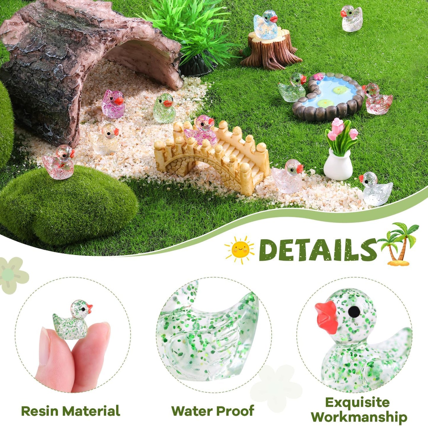 200PCS Mini Resin Animals Cute Colorful Glitter Tiny Ducks, Miniature Figures to Hide, Little Animal Accessories Bulk for Topper Garden Dollhouse Landscape Aquarium Ornaments DIY Crafts & Decor