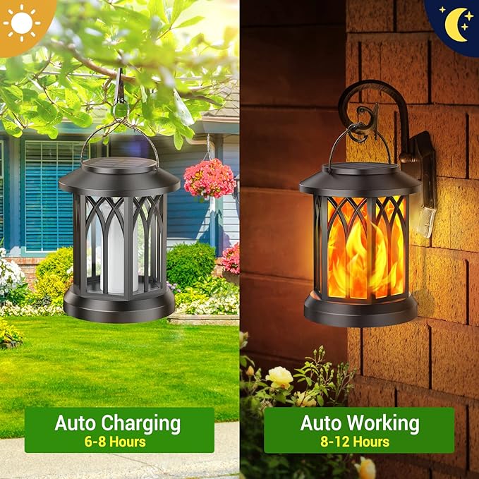 KOOPER Hanging Solar Lights Lantern Outdoor, Flickering Flames Solar Outdoor Lights, Solar Lanterns Outdoor Waterproof with Bigger Solar Panel, Auto ON/Off Solar Lantern for Yard Garden Decor, 2 Pack