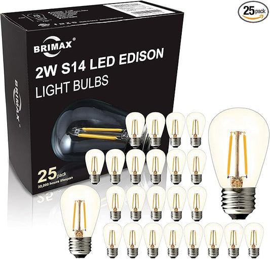 BRIMAX 25 Pack 2W S14 Replacement LED Light Bulbs for Outdoor String Lights, 2200K Warm White, Shatterproof & Waterproof,E26 Medium Base Vintage Edison Light Bulbs