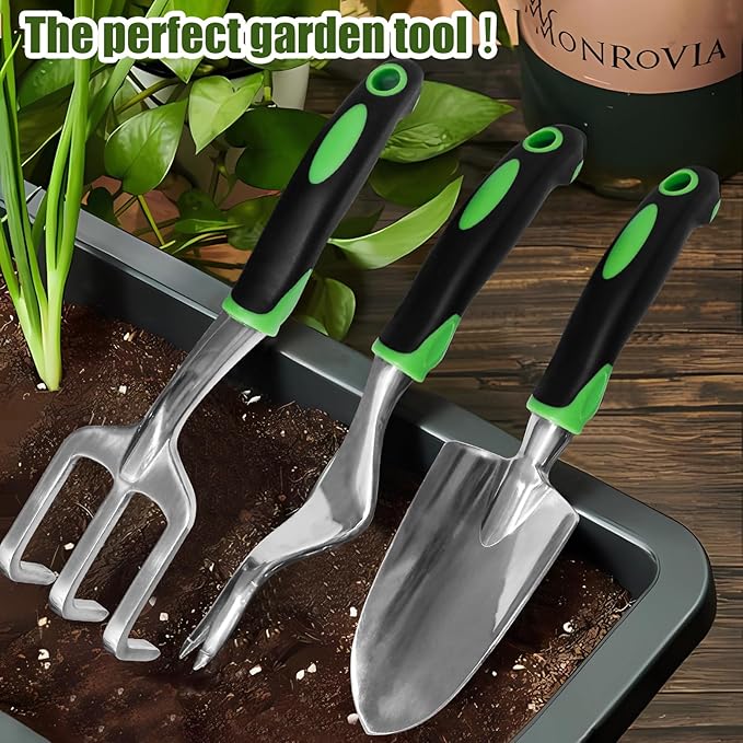Garden Hand Tools Set,3PCS Aluminum Heavy Duty Gardening Tool Set,Weeding Tools Gardening,Soil Scoop,Hand Rake,Weeder,Non-Slip Rubber Grip, Ideal for transplanting, Weeding, Digging and Planting