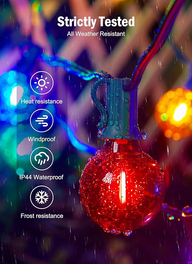 Brightown 50 Pack Multicolor G40 LED Christmas Replacement Light Bulbs, UL Listed, 1 Watt E12/C7 Candelabra Base Plastic Shatterproof LED Globe Edison Bulbs, Easily Screw in Strings Spools Strands