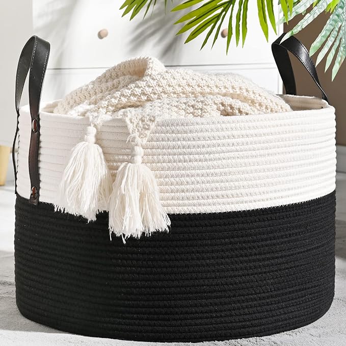 KAKAMAY Large Blanket Basket (20"x13"),Woven Baskets for storage Baby Laundry Hamper, Cotton Rope Blanket Basket for Living Room, Laundry, Nursery, Pillows, Baby Toy chest (White/Black)
