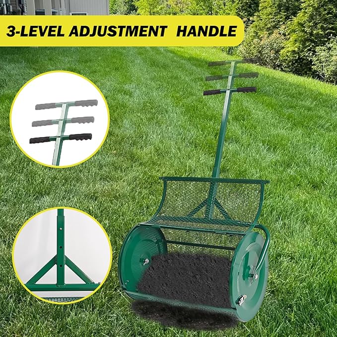 Compost Spreader, 24" Peat Moss Spreader, Roller Lawn Spreader with 3 Heights T Shaped Handle, Side Latches Powder Coated Steel Mesh Basket, Lawn & Garden Spreader for Spreading Manure Topsoil, Green