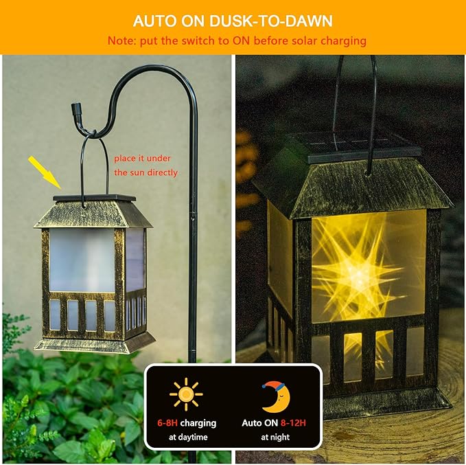 Solar Lanterns Outdoor Waterproof, Pathway Lights with 3D Lighting Effect, Solar & USB C Charging, Metal Garden Decor Hanging Lights for Landscape Yard Patio Lawn Driveway, Warm Light 1 Pack