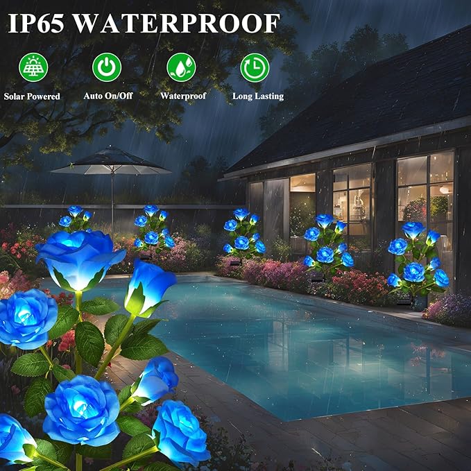 DWH 2 Pack Solar Garden Lights Outdoor, 7-Flower Rose LED Stake Light for Yard Patio Pathway Lawn Fence Cemetery, Blue