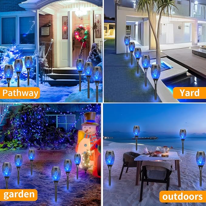 6-Pack Blue Solar Flickering Flame Torches – Waterproof Solar Garden Lights, Outdoor Solar Lights for Yards, and Flame Torches for Patio and Pathway Decorations
