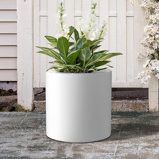 Kante 15.7" Dia Round Concrete Planter, Modern Style Large Cylindrical Plant Pot with Drainage Hole and Rubber Plug for Indoor Outdoor Patio, White