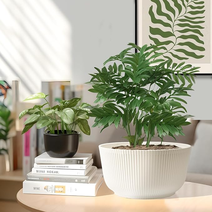 T4U 10 Inch Self Watering Pots for Indoor Plants, Plastic Plant Pots with Drainage Hole, Large Flower Pots for Indoor Outdoor Plants Cactus, Garden, Set of 2, White