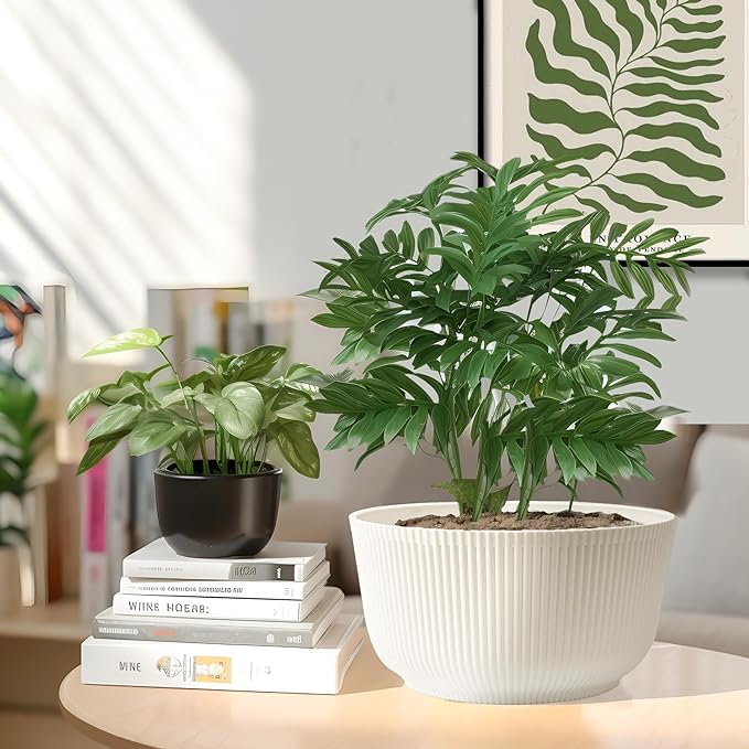 T4U Plant Pots 8 Inch, 2 Pack Self Watering Indoor Planter with Drainage Hole, Shallow Plant Pot, Home Decor Flower Pots for Plants, Herbs, Garden, White