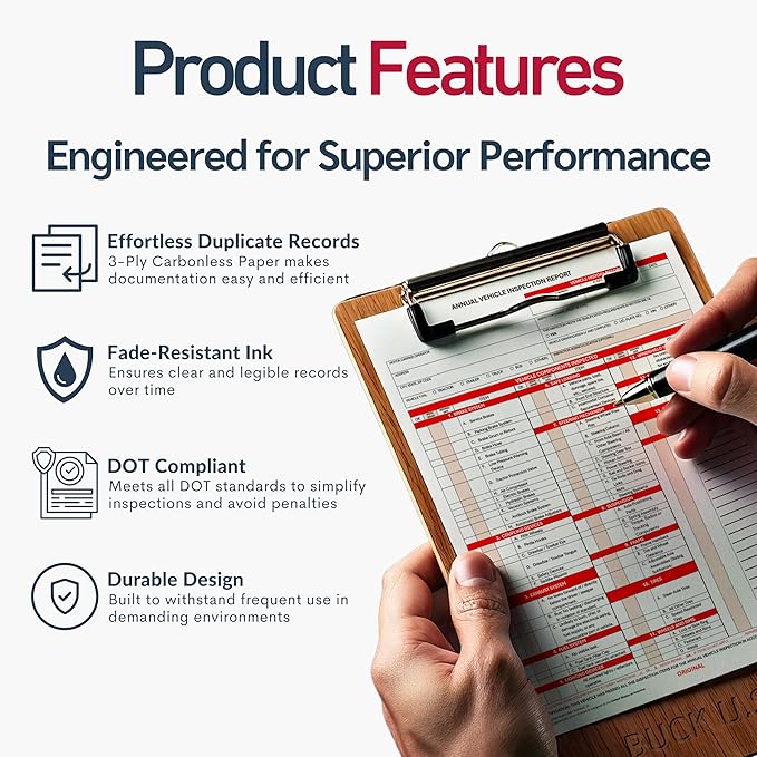10 Pack 3-Ply Carbonless Annual Vehicle Inspection Report Forms with FMCSA Red Aluminum Labels & White Mylar Laminate Vinyl Labels, DOT Inspection Forms and Stickers, Shrink-Wrapped, 8.5" x 11.75"