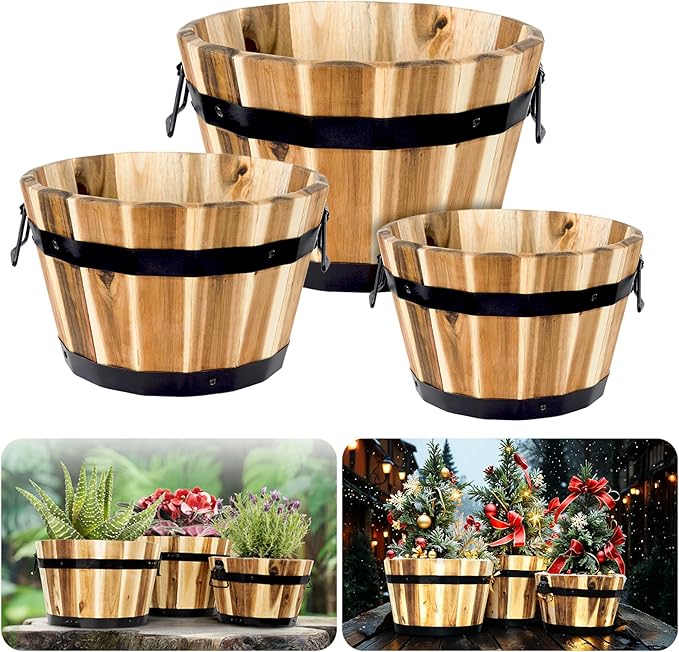 Idzo Set of 3 Wooden Flower Boxes Outdoor, Durable Acacia Wood Barrel Planters for Outdoor Plants with Ergonomic Handles, Drainage Holes, Multiple Sizes Wood Bucket Planter for Home Decor
