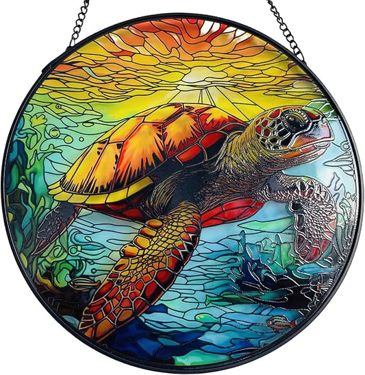 RIVEENY Sea Turtle Glass Window Hanging,8" Sea Turtle Decor Sun Catchers,Stained Glass Sun Catcher Hanging Decoration with Metal Chain,Sun Catchers for Window Decor Outdoor Garden Decor