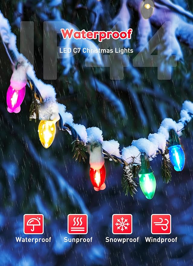 Multicolor C7 LED Christmas String Lights, 100FT C7 Vintage Christmas Lights with 104 Bulbs(4 Spare), Commercial Connectable Christmas Tree Lights for Xmas Holiday Roofline Garden Wedding Decor