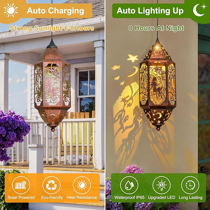 Go2garden 12.4" Outdoor Solar Lanterns Waterproof Garden Gifts Women, Moon Fairy Statue Solar Haning Lights for Patio, Yard Decorations, Mothers Day Gifts for Mom, Grandma(2Pack, Red Copper)