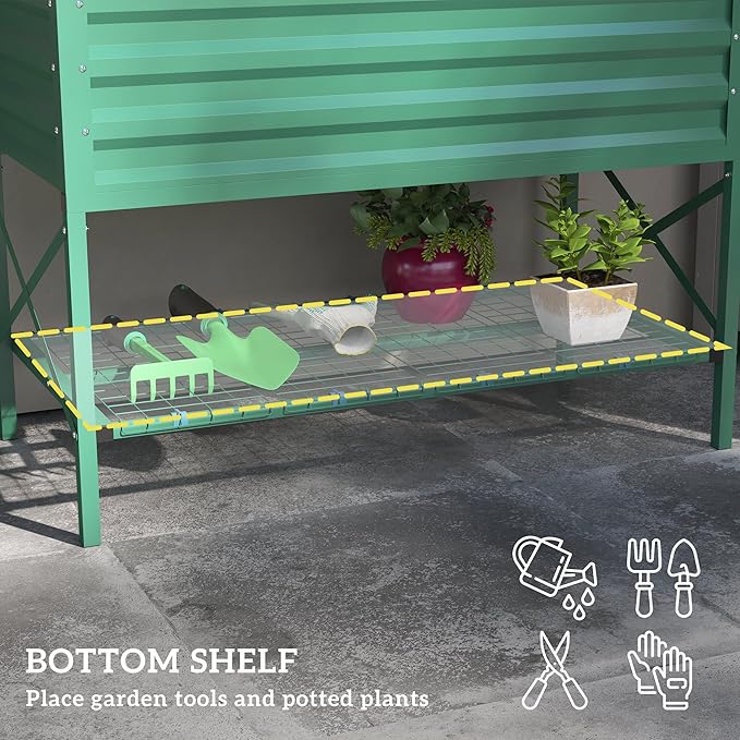 Outsunny Raised Garden Bed with Galvanized Steel Frame, Storage Shelf and Bed Liner, Elevated Planter Box with Legs for Vegetables, Flowers, Herbs, Green