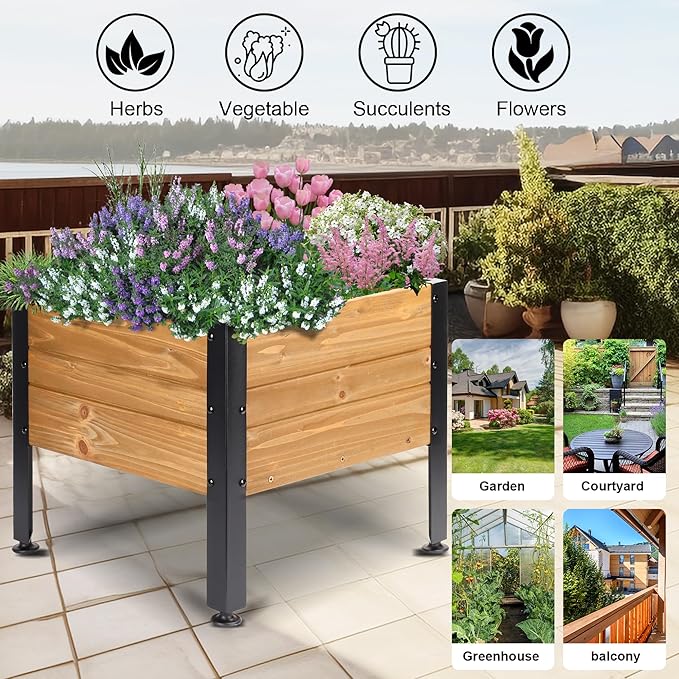 Wooden Planter Box, Square Planter for Growing Flowers,Decorative for Flowers Herbs Vegetables for Indoor & Outdoor Decor,Front Porch Cart for Patio Garden Balcony