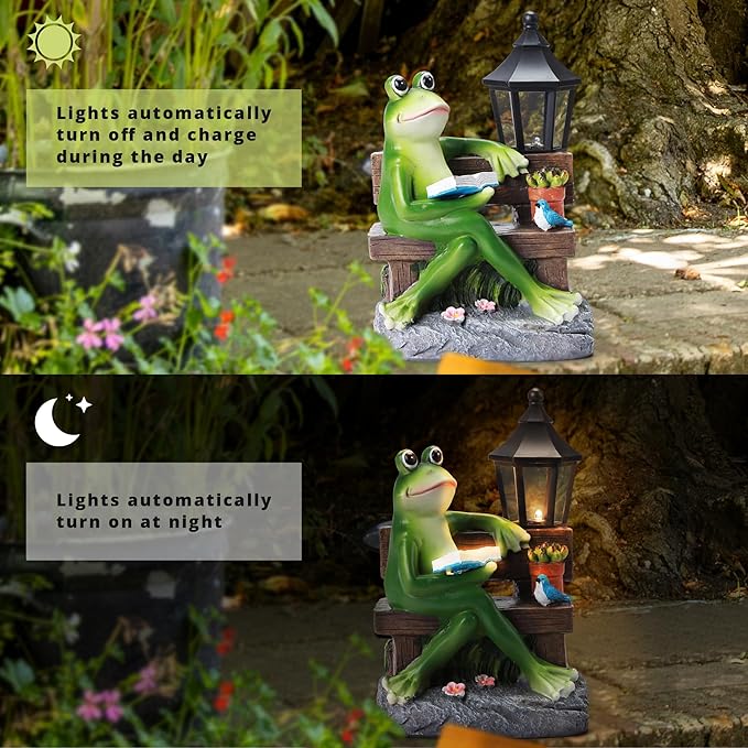 Outdoor Resin Reading Frog Statues, Solar Frog Garden Statues, Garden Frogs Outdoor Decor for Lawn, Balcony, Yard Decoration, Frog Gifts for Mom, Grandma, Wife